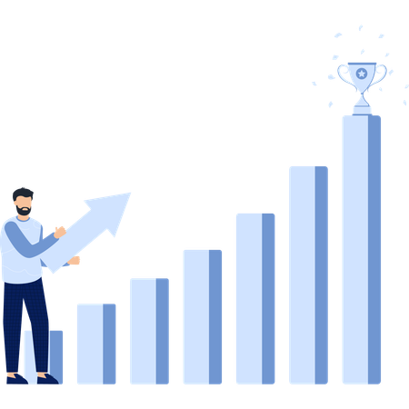 Man with Arrow and Trophy on Rising Bar Chart Success  Illustration
