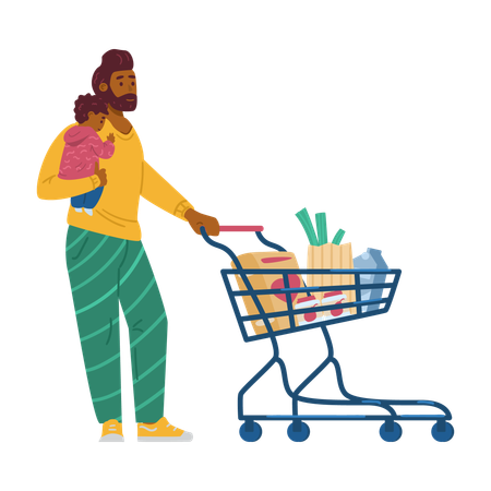 Man with baby shopping food in supermarket  Illustration