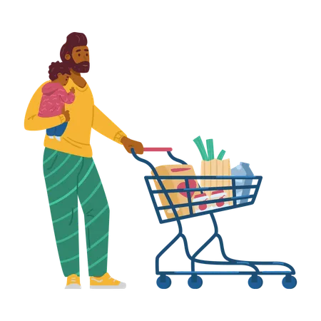 Man with baby shopping food in supermarket  Illustration