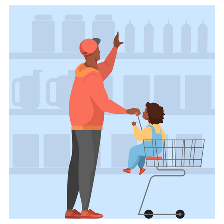 Man with baby walking with shopping cart in supermarket  Illustration