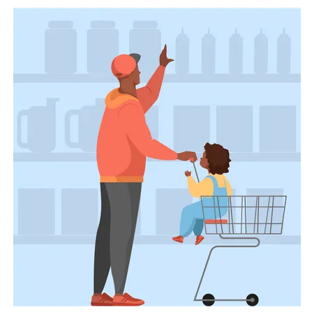 Man with baby walking with shopping cart in supermarket Illustration