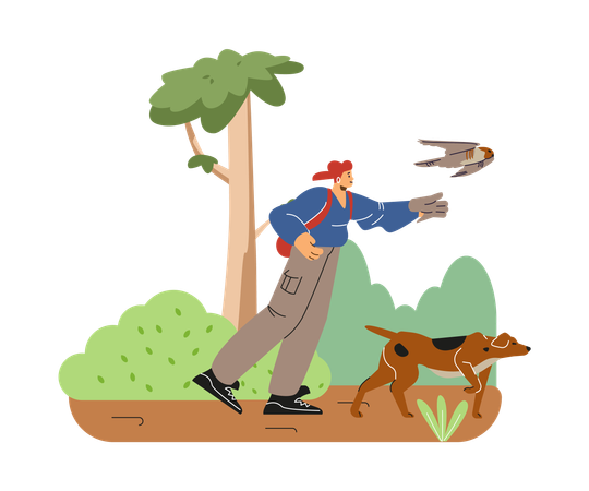 Man with backpack and hawking glove hunting with falcon bird and dog in forest  Illustration