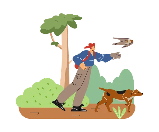 Man with backpack and hawking glove hunting with falcon bird and dog in forest  Illustration