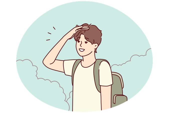 バックパックを背負った男が道を探す  イラスト