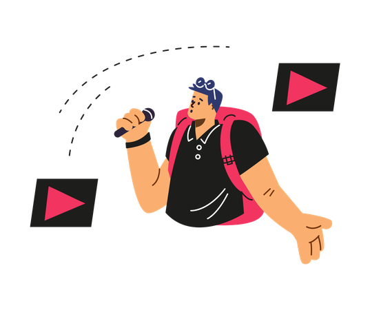 Man with backpack speaking into microphone  Illustration