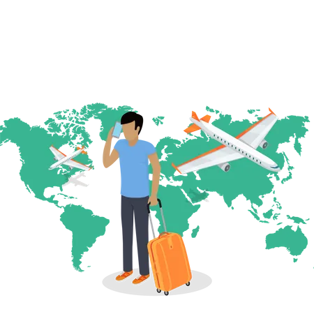 World Travel Concept Web Banner Man With Baggage Speaks On Telephone World Map With Flying Planes On Background Air Travel Transportation Touristic Aircraft Journey On Airplane Vector Illustration