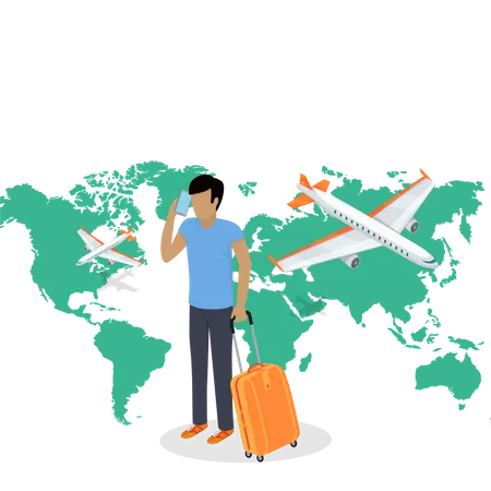 Man with Baggage going for world trip  Illustration