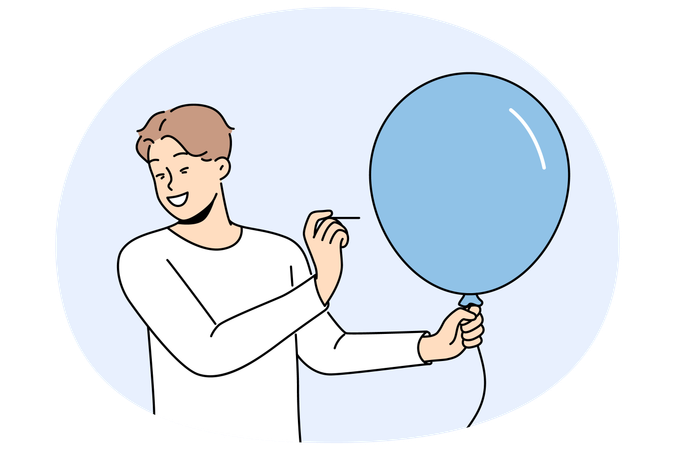 Man with balloon holds needle wanting to make loud explosion to cheer people around  Illustration