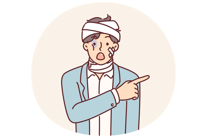 Man with bandages and plaster points finger at copy space after getting into car accident  Illustration
