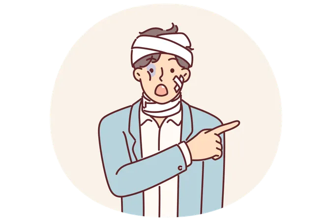 Man with bandages and plaster points finger at copy space after getting into car accident  Illustration