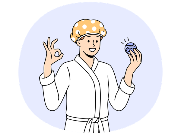 Man with bath bomb dressed in bathrobe and bandage to protect hair from moisture  Illustration