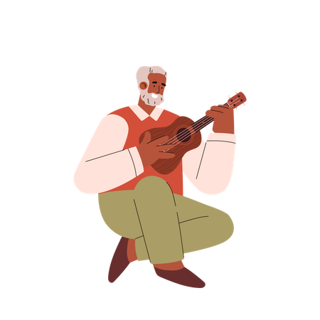 Man with beard plays on ukulele  일러스트레이션