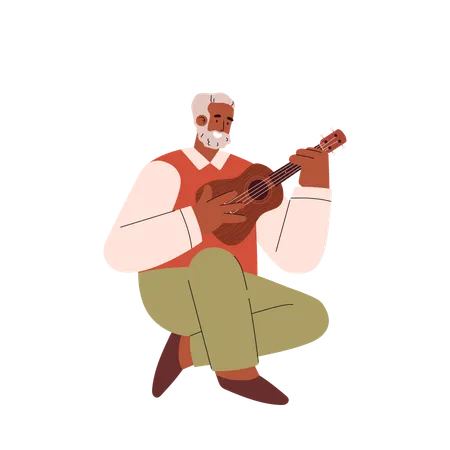 Black Gray Haired Man With A Beard Plays On Ukulele Person Enjoys Playing A Musical Instrument A Small Guitar Vector Isolated Illustration Hand Drawn Illustration