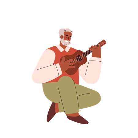 Man with beard plays on ukulele  イラスト