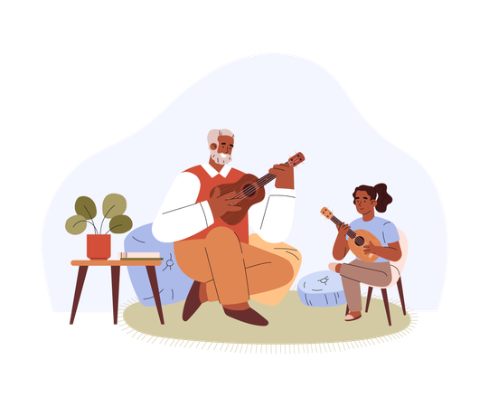 Man with beard teaches to play on ukulele  Illustration