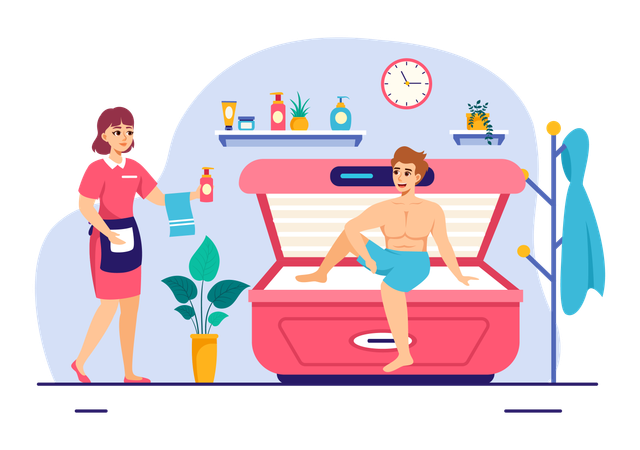 Man with Bed Procedure to Get Exotic Skin with Modern Technology at the Spa Solarium  Illustration