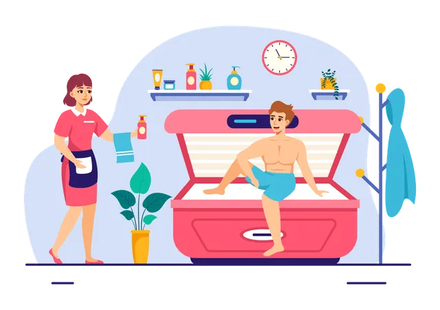 Man with Bed Procedure to Get Exotic Skin with Modern Technology at the Spa Solarium  Illustration