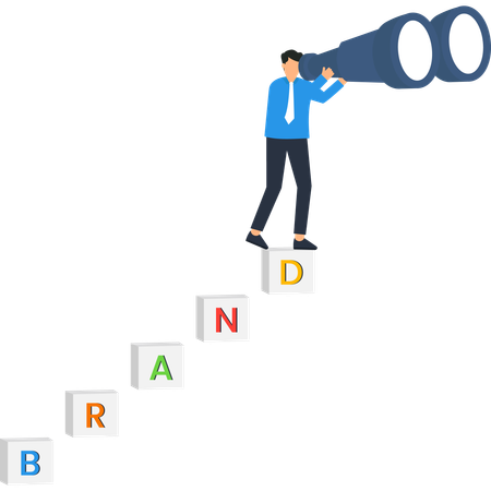 Man with Binoculars on Brand Steps Business Strategy  Illustration
