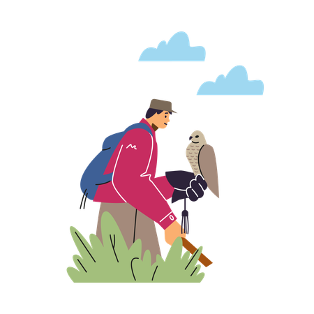 Man with bird on glove and stick in outdoor  Illustration