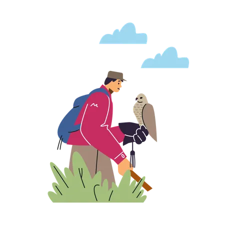 Man with bird on glove and stick in outdoor  Illustration