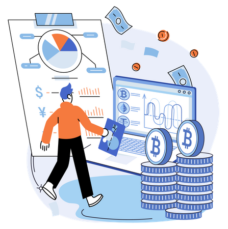 Man with bitcoin trading report  Illustration