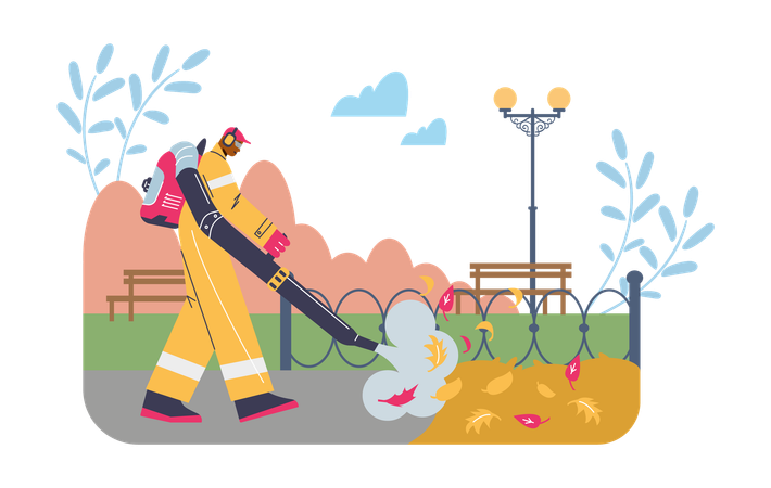 Man with blower cleanup autumn city park  Illustration