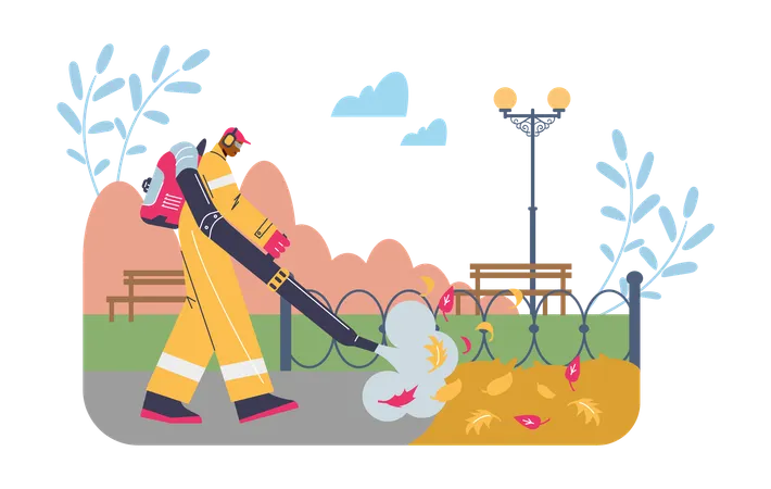 Man with blower cleanup autumn city park  Illustration