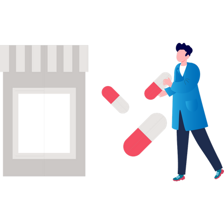 Man with bottle of capsules  Illustration
