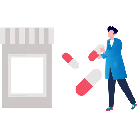 Man with bottle of capsules  イラスト