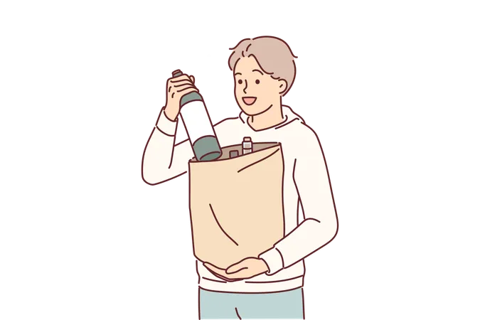 Man with bottle of wine in paper bag returns from grocery store  Illustration