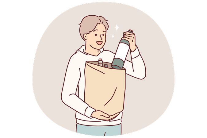 Man with bottle of wine in paper bag returns from grocery store and offers to drink bordeaux  Illustration