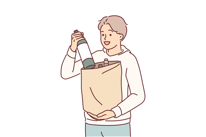 Man with bottle of wine in paper bag returns from grocery store  Illustration