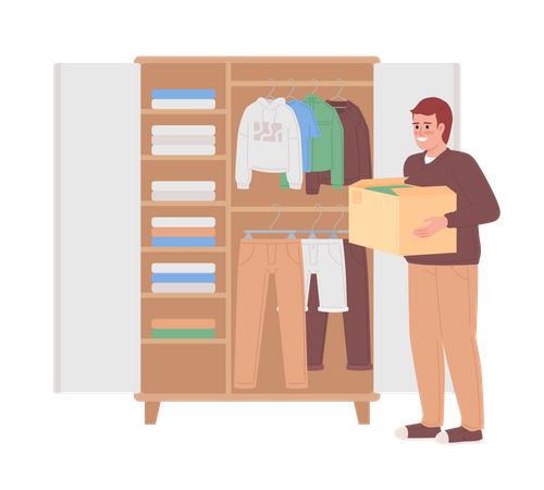 Man with box near open bedroom closet  Illustration