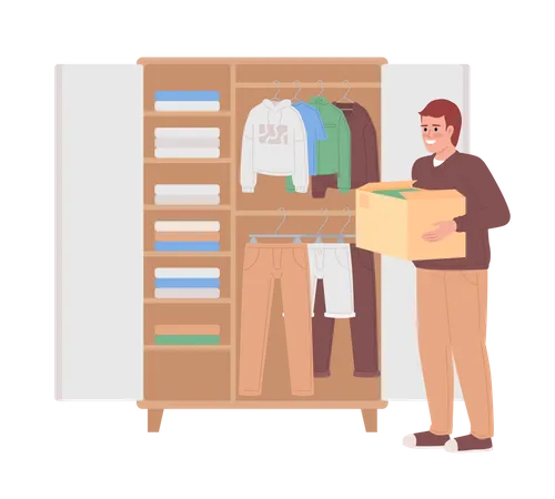 Man with box near open bedroom closet  Illustration