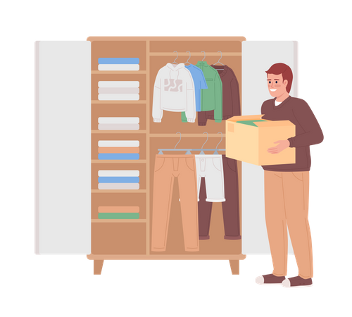 Man with box near open bedroom closet  Illustration