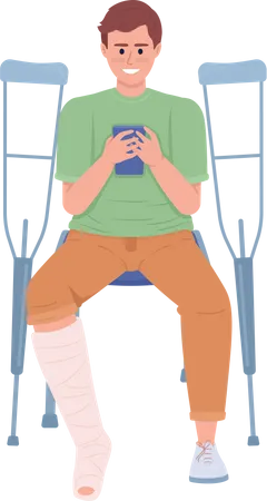 Man with broken leg looking at phone  Illustration