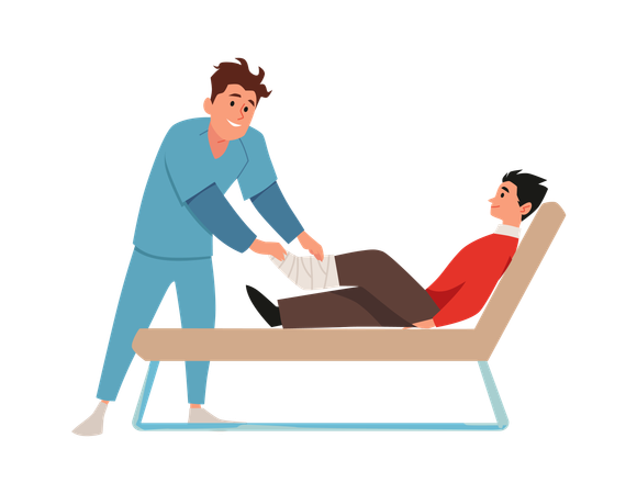 Man with broken leg on consultation with traumatology or orthopedic doctor  Illustration
