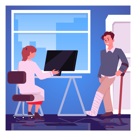 Man with broken leg visiting orthopedical doctor  Illustration