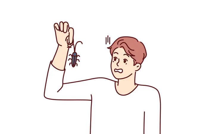 Man With Bug In Hand Looks At Insect And Gets Scared Suffering From Arachnophobia And Disgust Guy Found Bug And Wants To Get Rid Of Pest By Calling Service For Chemical Treatment Of Insects Illustration