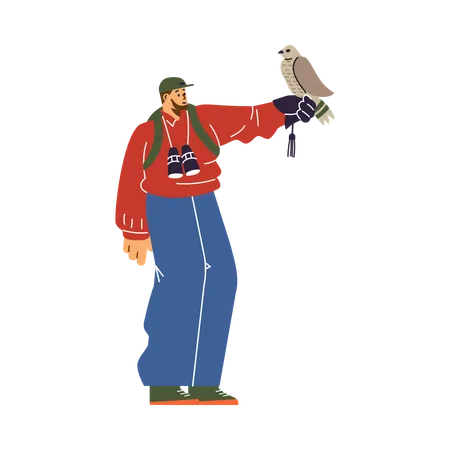 Man with cap and binoculars with sitting falcon at arm length  Illustration