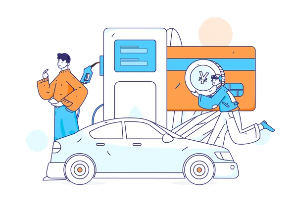 Man with car at fuel station  Illustration
