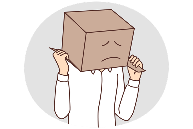 Man with cardboard box on head with painted sad face due problems with courier company  Illustration