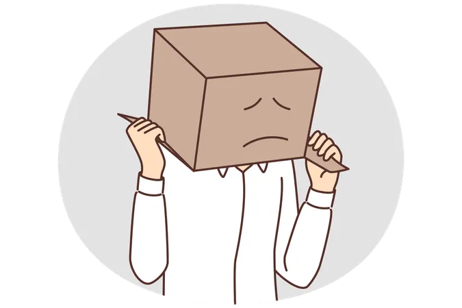 Man with cardboard box on head with painted sad face due problems with courier company  Illustration
