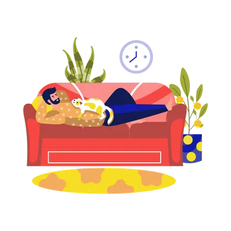 Man with cat lies on couch  Illustration