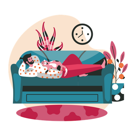 Man with cat lies on couch  Illustration