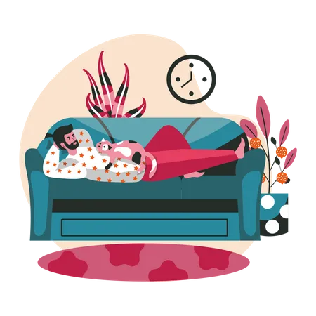 Man with cat lies on couch  Illustration