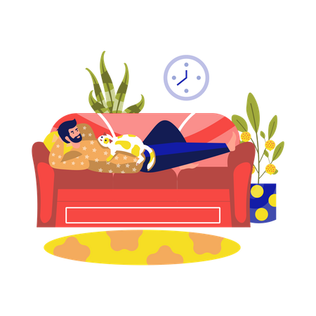 Man with cat lies on couch  Illustration