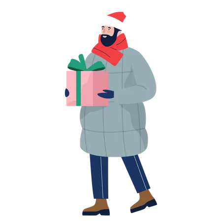 Isolated Vector Illustration Of People Wearing Warm Winter Clothes Happy Winter Activities Christmas Celebration Warmly Dressed Man Holding Christmas Present Illustration