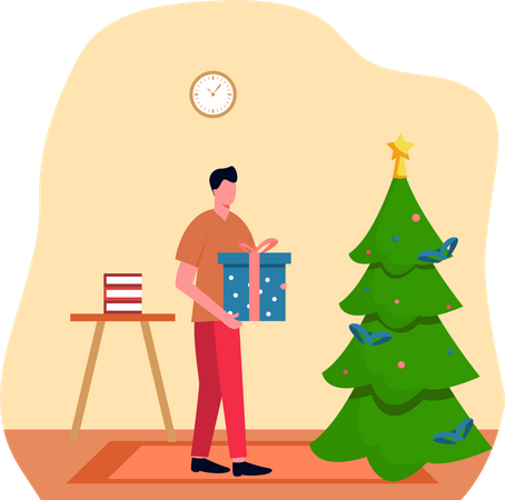 Man with Christmas gift near tree  Illustration