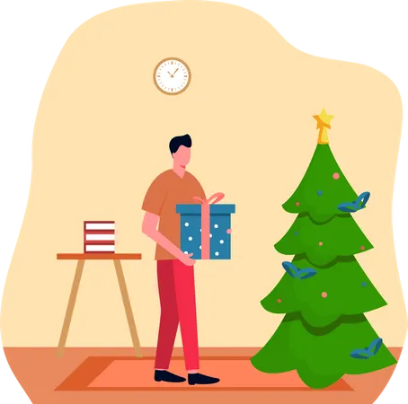Man with Christmas gift near tree  Illustration